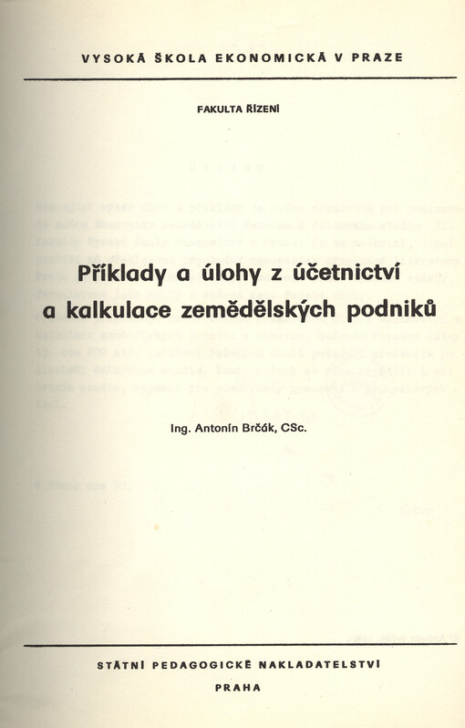 Příklady a úlohy z účetnictví a kalkulace zemědělských podniků