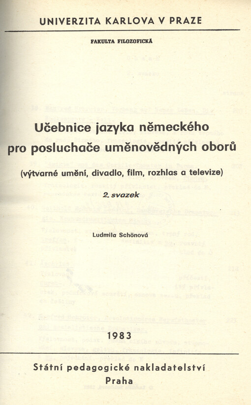 Učebnice jazyka německého pro posluchače uměnovědných oborů (výtvarné umění, divadlo, film, rozhlas a televize)