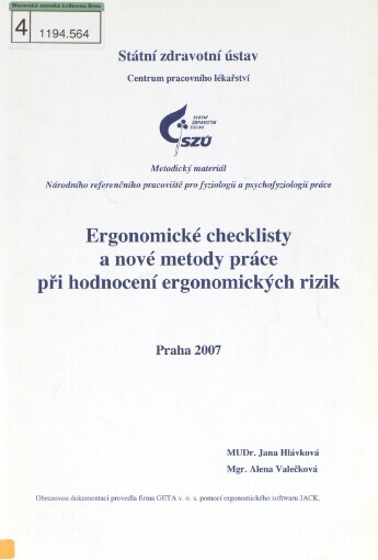 Ergonomické checklisty a nové metody práce při hodnocení ergonomických rizik: metodický materiál Národního referenčního pracoviště pro fyziologii a psychofyziologii práce