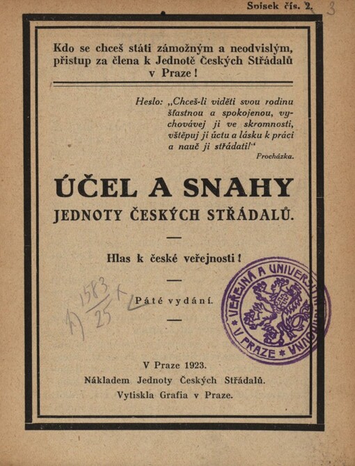 Účel a snahy Jednoty českých střádalů: hlas k české veřejnosti