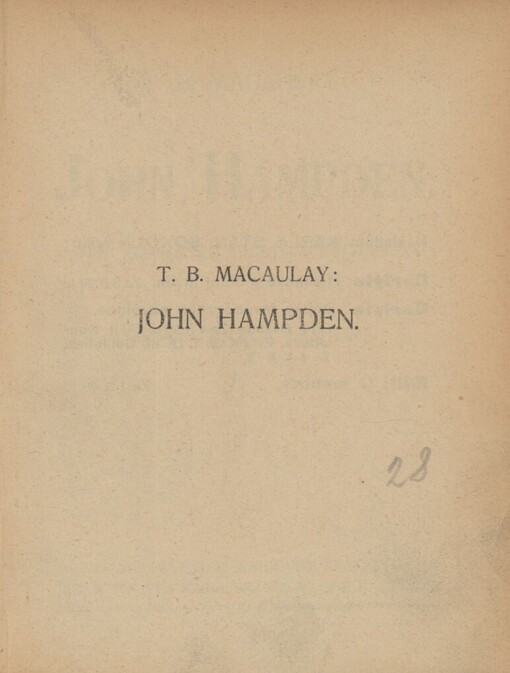 John Hampden :z knih Kritických a historických essayí