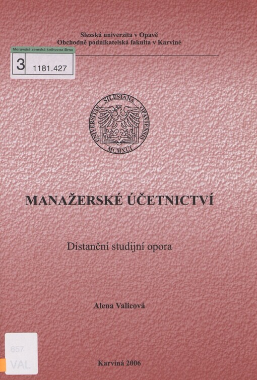 Manažerské účetnictví: distanční studijní opora