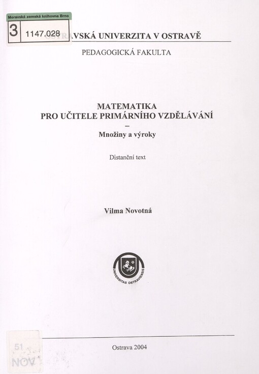 Matematika pro učitele primárního vzdělávání: množiny a výroky : distanční text