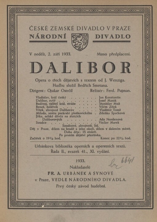 Dalibor :opera o třech dějstvích