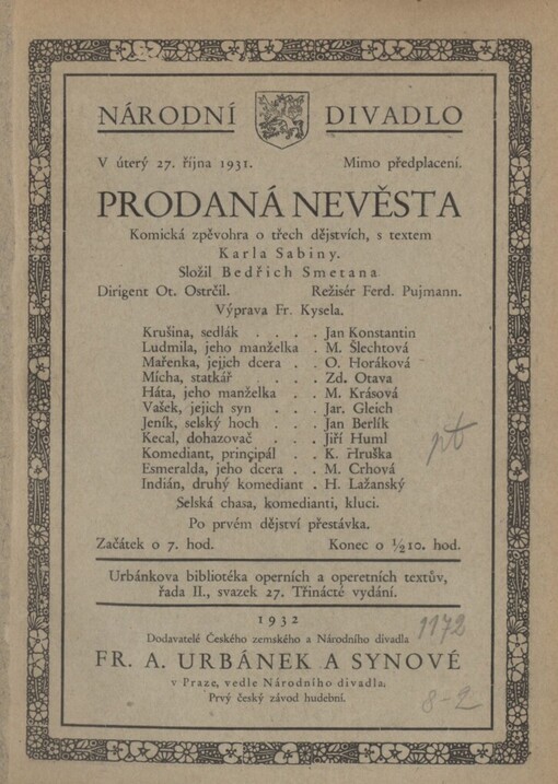 Prodaná nevěsta: komická zpěvohra o třech jednáních