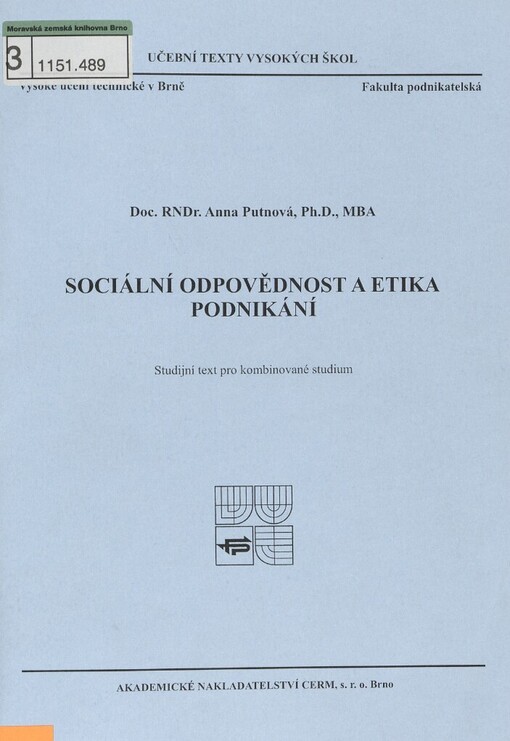 Sociální odpovědnost a etika podnikání: studijní text pro kombinované studium