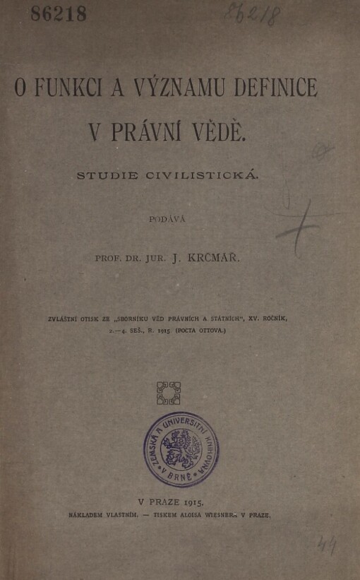O funkci a významu definice v právní vědě :studie civilistická