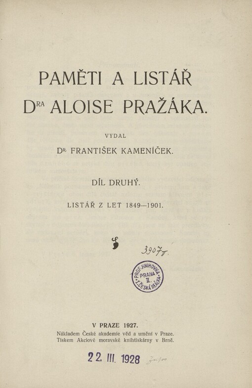 Paměti a listář Dra Aloise Pražáka.Díl druhý,Listář z let 1849-1901