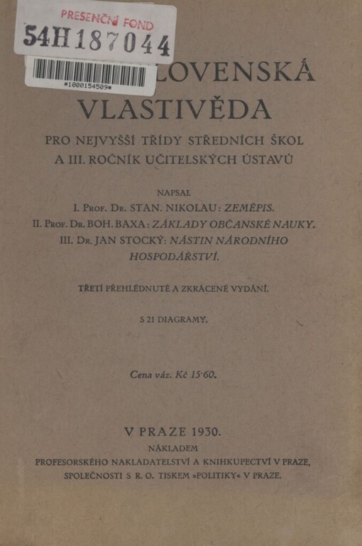 Československá vlastivěda pro nejvyšší třídy středních škol a III. ročník učitelských ústavů