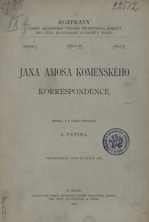Jana Amosa Komenského Korrespondence :předloženo dne 31. října 1891