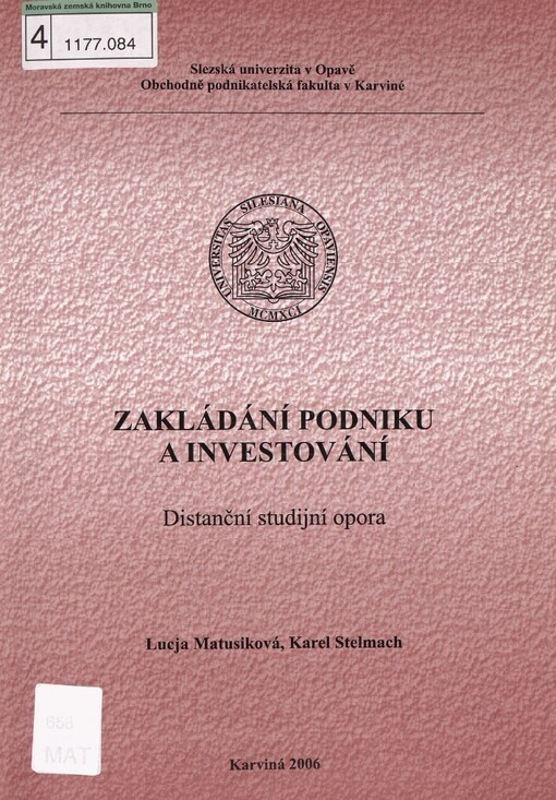 Zakládání podniku a investování: distanční studijní opora