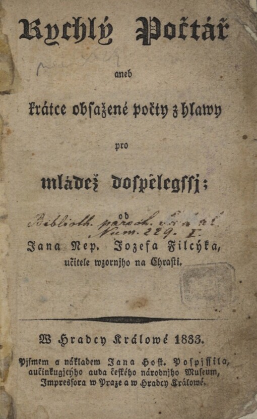 Rychlý Počtář, aneb, Krátce obsažené počty z hlawy pro mládež dospělegssj