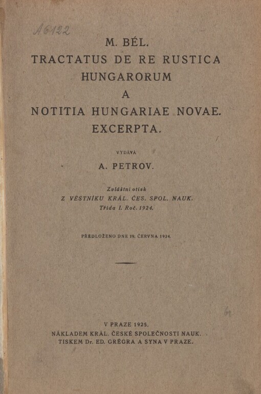 M. Bél :Tractatus de re rustica Hungarorum a Notitia Hungarie novae : Excerpta