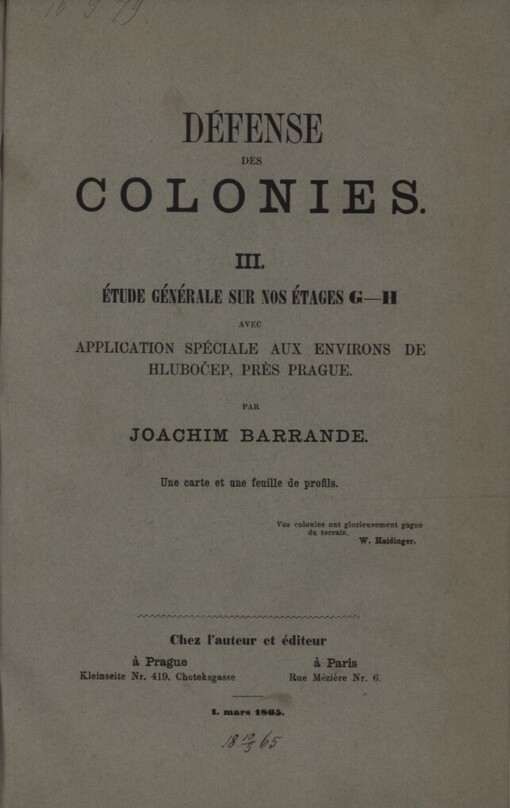 Défense des colonies.III.,Étude générale sur nos étages G - H avec application spéciale aux environs de Hlubočep, près Prague