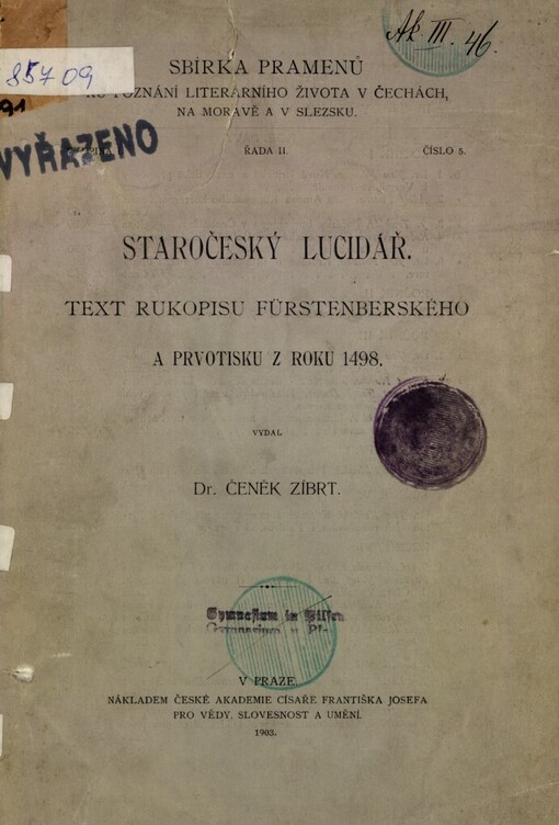 Staročeský lucidář : text rukopisu Fürstenberského a prvotisku z roku 1498