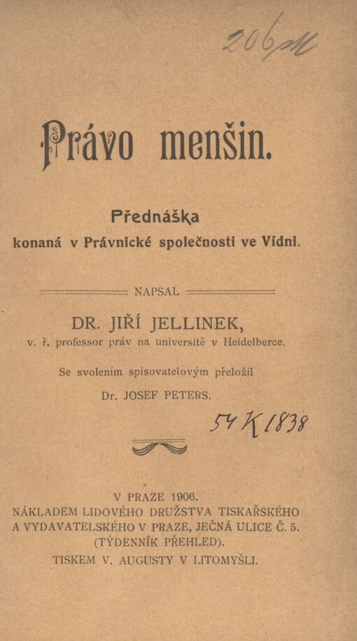 Právo menšin: přednáška konaná v Právnické společnosti ve Vídni