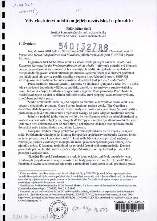 Vliv vlastnictví médií na jejich nezávislost a pluralitu