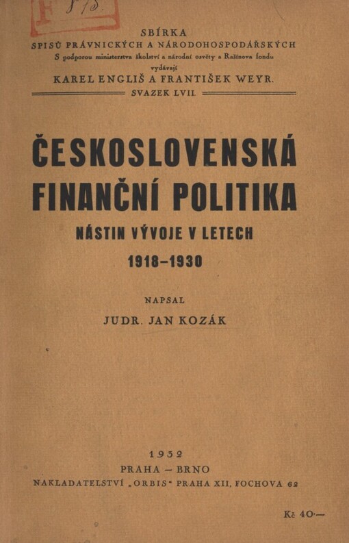 Československá finanční politika :nástin vývoje v letech 1918-1930