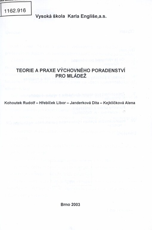 Teorie a praxe výchovného poradenství pro mládež