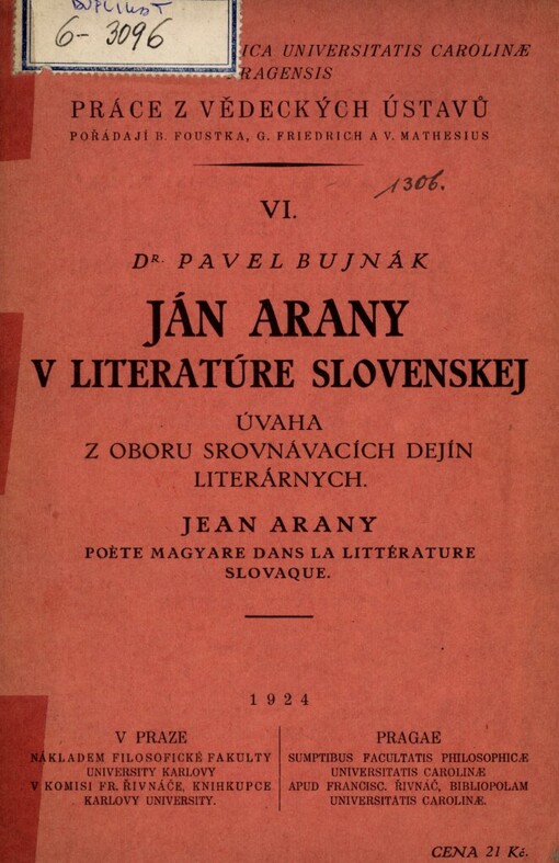 Ján Arany v literatúre slovenskej :Úvaha z oboru srovnávacích dejín literárnych