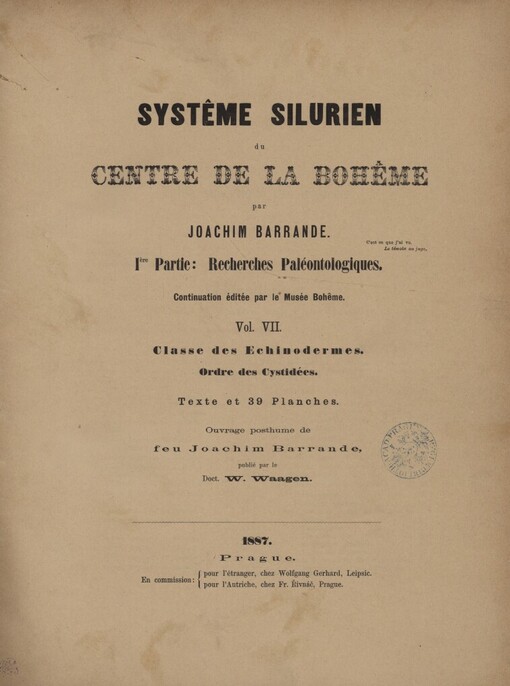 Systême silurien du centre de la Bohême.Ière partie,Recherches paléontologiques.