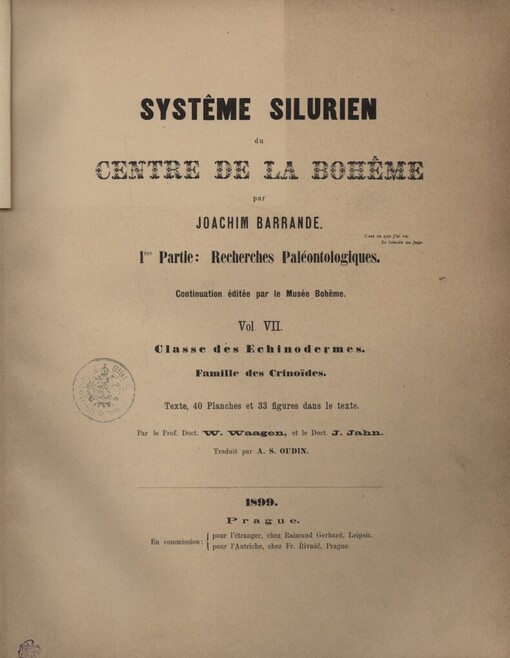 Systême silurien du centre de la Bohême.Ière partie,Recherches paléontologiques.