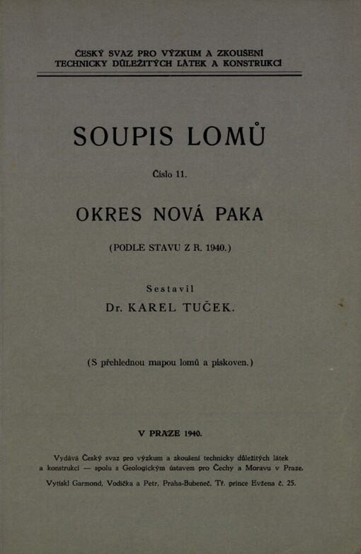 Soupis lomů.(podle stavu z r. 1940) /Číslo 11,Okres Nová Paka :