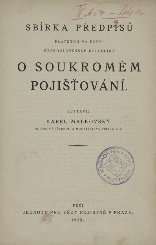 Sbírka předpisů platných na území Československé republiky o soukromém pojišťování