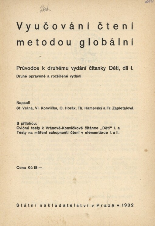 Vyučování čtení metodou globální : průvodce k druhému vydání čítanky Děti, díl I.
