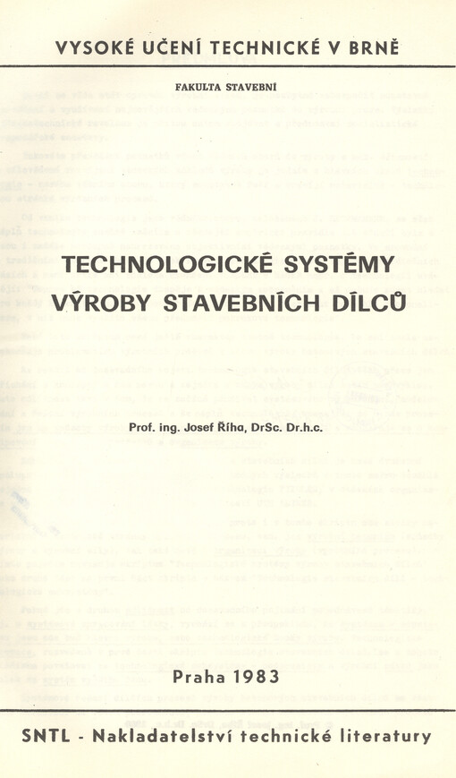 Technologické systémy výroby stavebních dílců : určeno pro posl. fak. stavební