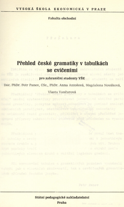 Přehled české gramatiky v tabulkách se cvičeními pro zahraniční studenty VŠE