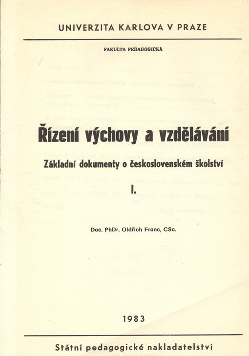 Řízení výchovy a vzdělávání : základní dokumenty o československém školství. I.