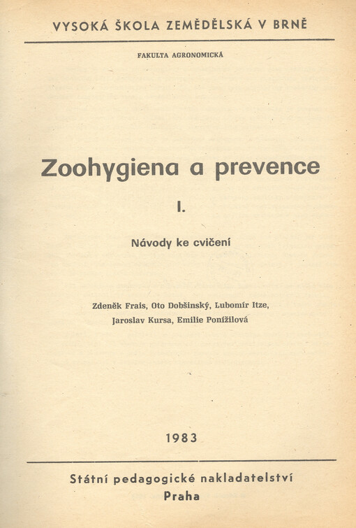 Zoohygiena a prevence I. :návody ke cvičení