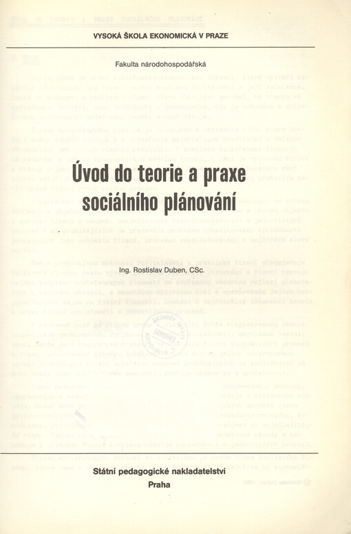 Úvod do teorie a praxe sociálního plánování :určeno pro posl. fak. národohosp.