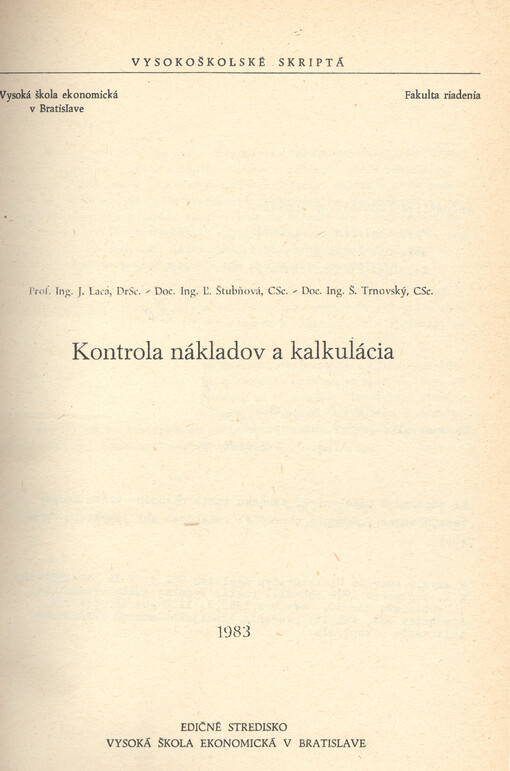 Kontrola nákladov a kalkulácia