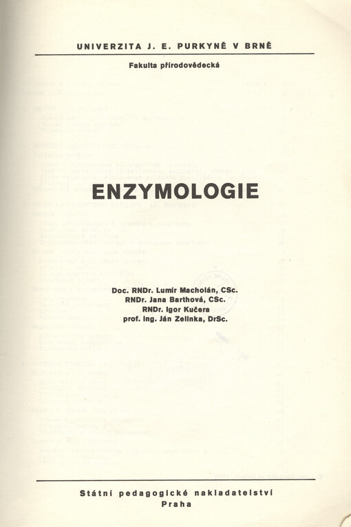 Enzymologie : určeno pro posl. fak. přírodověd.