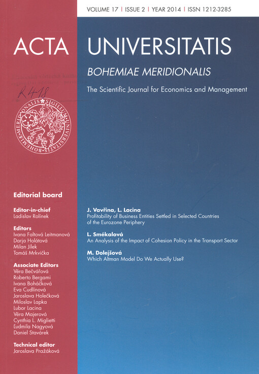 Acta universitatis Bohemiae meridionales : vědecký časopis pro ekonomiku, řízení a obchod = Acta universitatis Bohemiae meridionales : the journal for economics, management and trade = Acta universitatis Bohemiae meridionales : the scientific journal for 