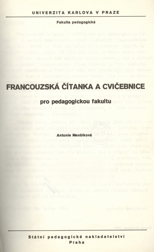 Francouzská čítanka a cvičebnice pro pedagogickou fakultu