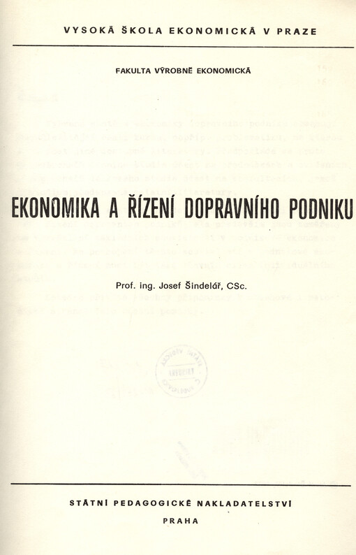 Ekonomika a řízení dopravního podniku :určeno pro posl. fak. výrobně ekon.