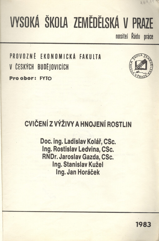 Cvičení z výživy a hnojení rostlin