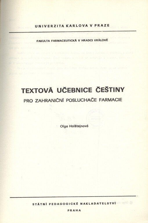 Textová učebnice češtiny pro zahraniční posluchače farmacie