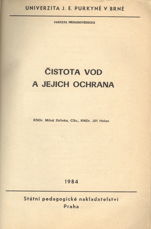 Čistota vod a jejich ochrana :určeno pro posl. fak. přírodověd.