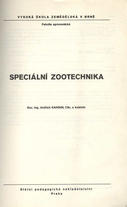 Speciální zootechnika :určeno pro posl. fak. provozně ekon. a agronomické