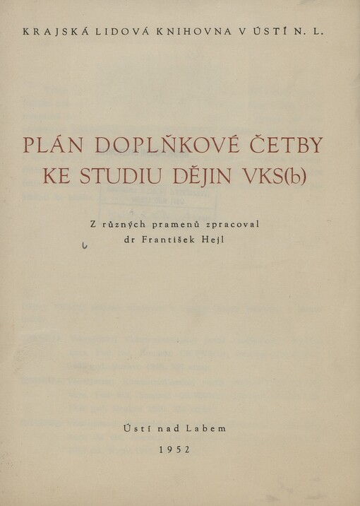 Plán doplňkové četby ke studiu dějin VKS(b)