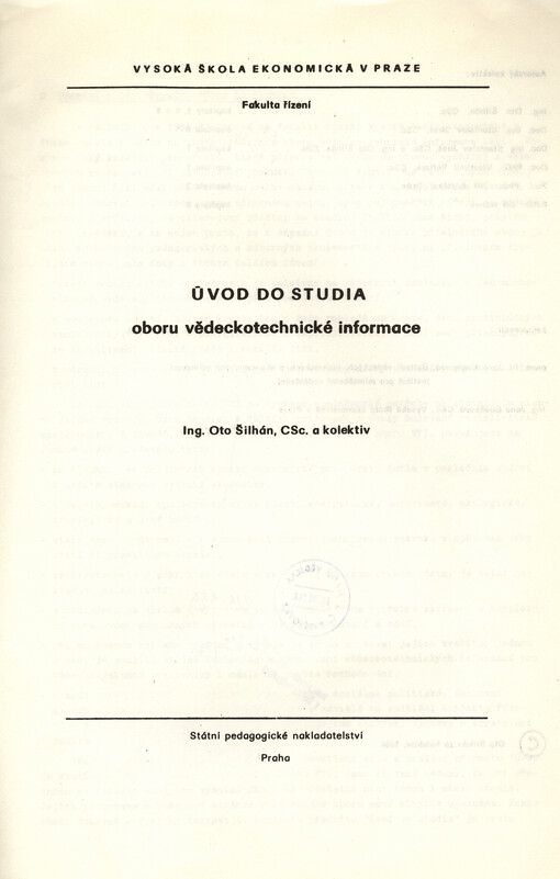 Úvod do studia oboru vědeckotechnické informace :určeno pro posl. fak. řízení