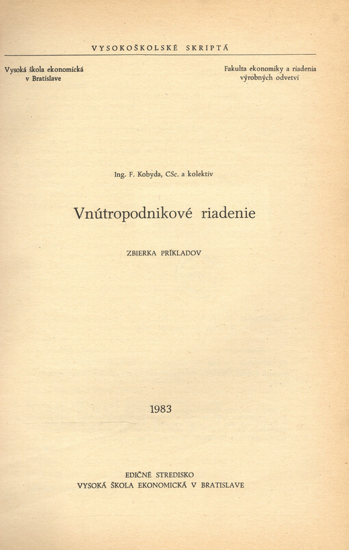 Vnútropodnikové riadenie : zbierka príkladov