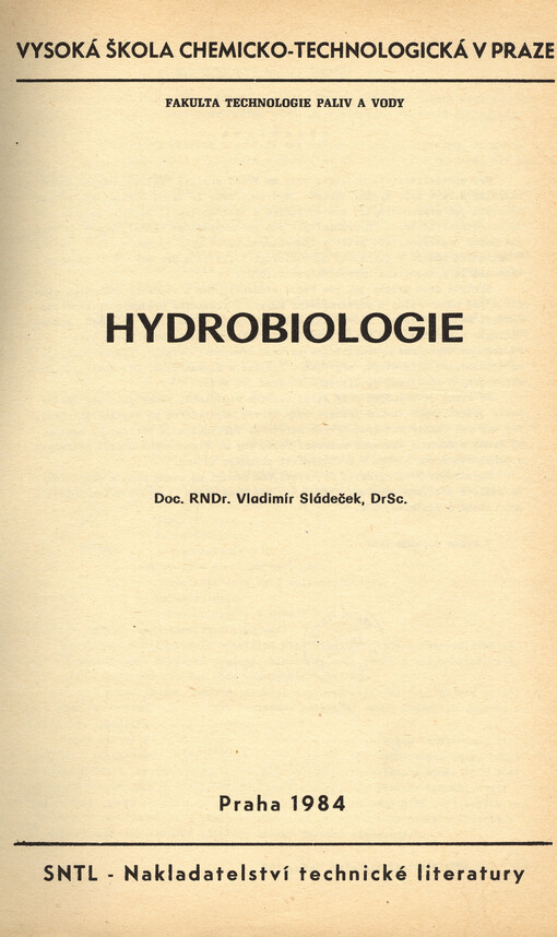 Hydrobiologie :určeno pro posl. fak. technologie paliv a vody