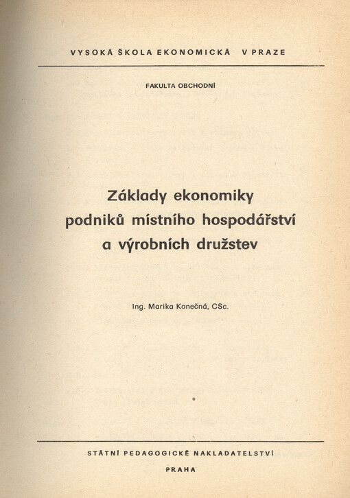 Základy ekonomiky podniků místního hospodářství a výrobních družstev