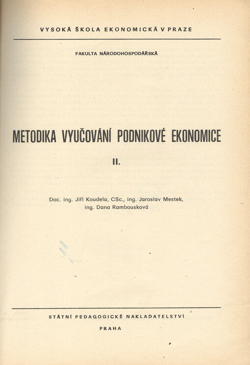 Metodika vyučování podnikové ekonomice. II.