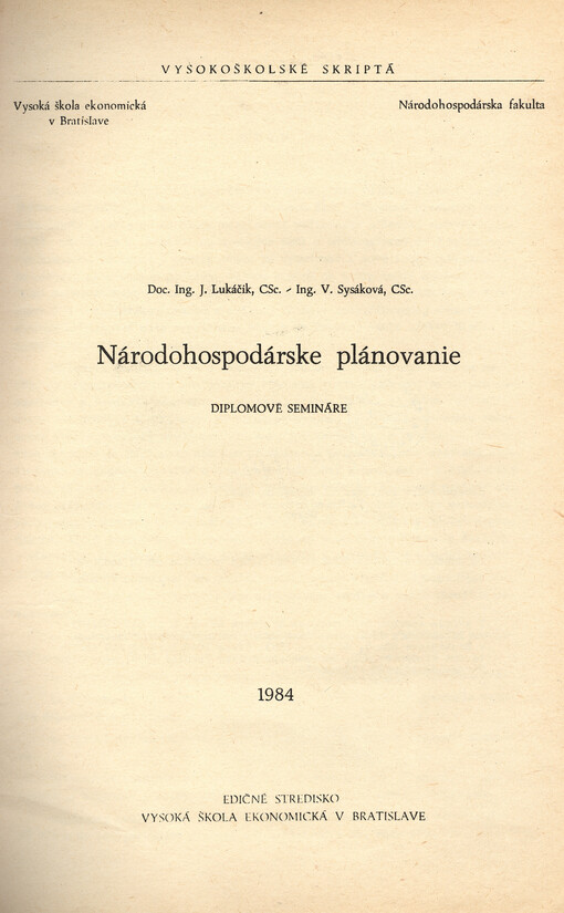 Národohospodárske plánovanie : diplomové semináre